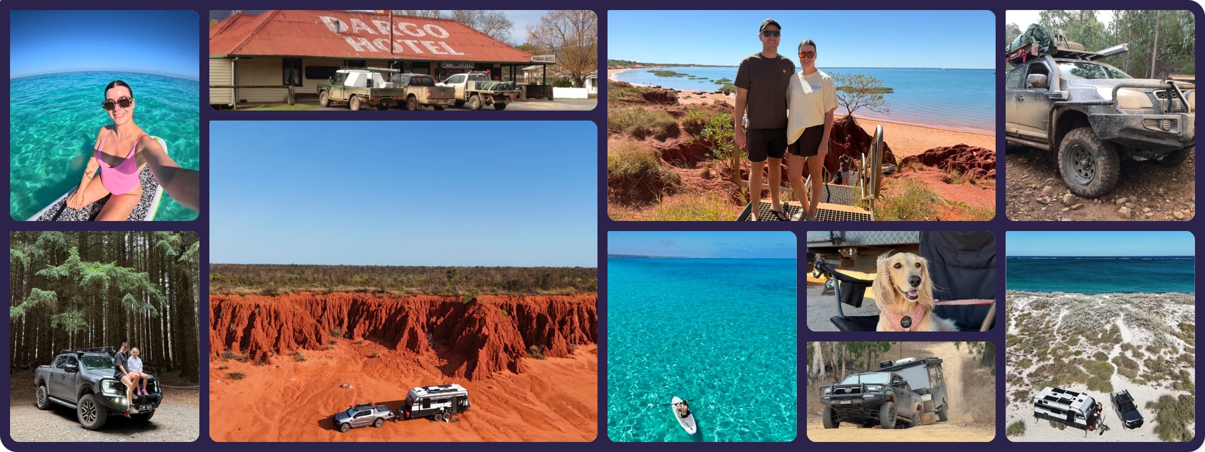 A grid of real OSCA members' rigs, campsites, beaches and outback tracks